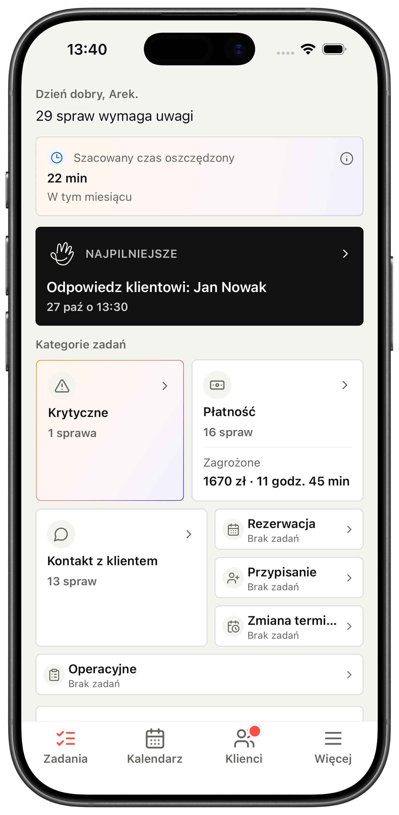 Ekran zadań w aplikacji iOS Efika ze sprawami dnia